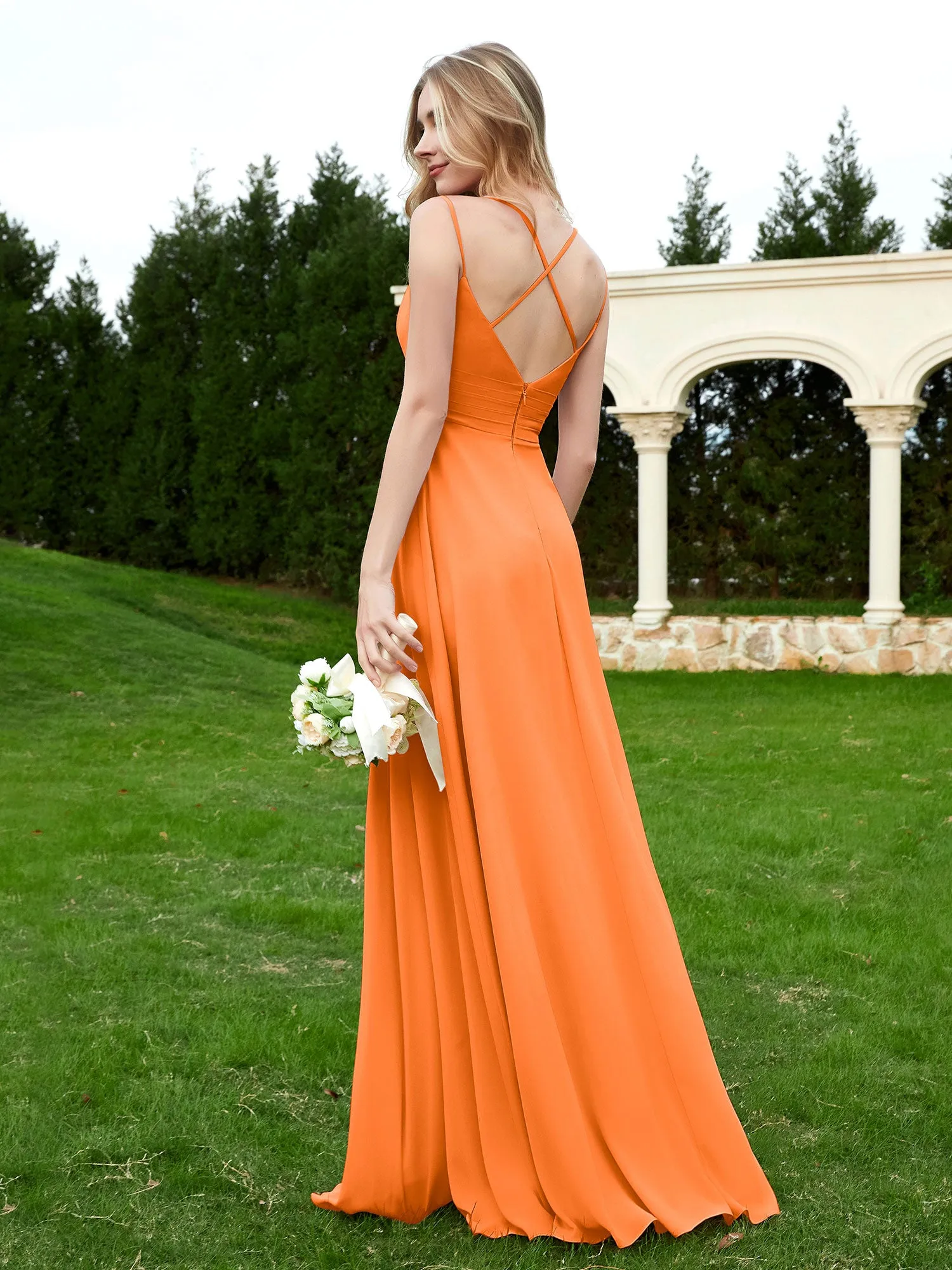 Floor Length V Neck Chiffon Bridesmaid Gown Orange Plus Size