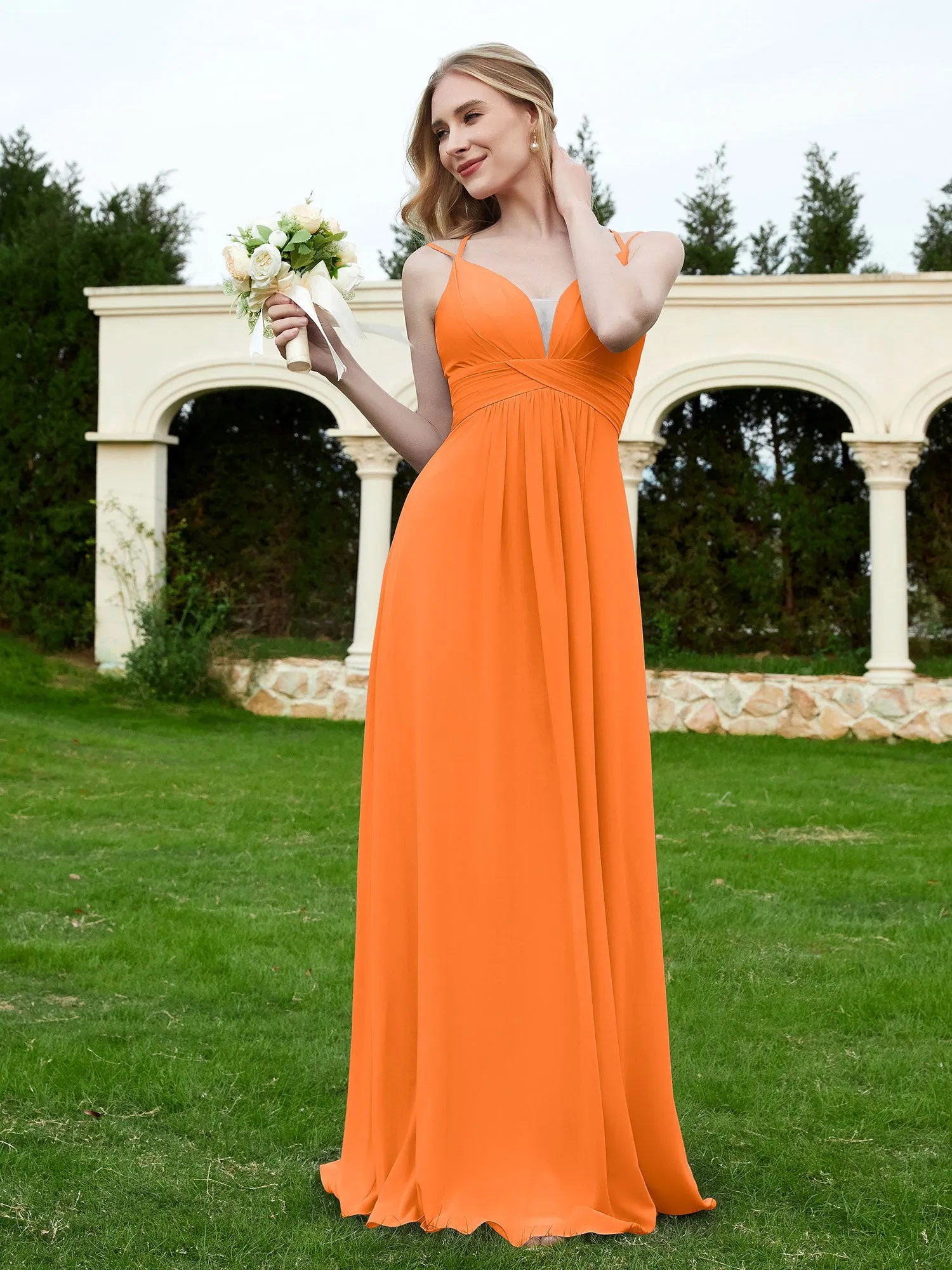 Floor Length V Neck Chiffon Bridesmaid Gown Orange Plus Size