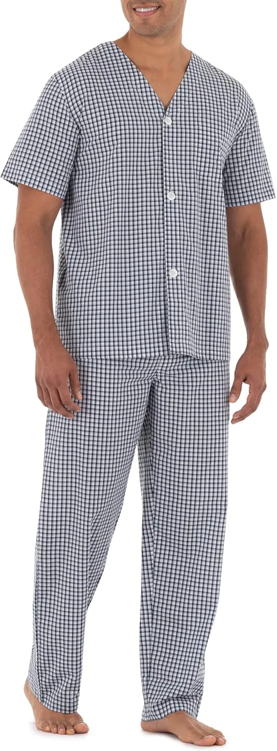Fruit of the Loom mens Broadcloth Short Sleeve Top and Long Pants Pajama Set
