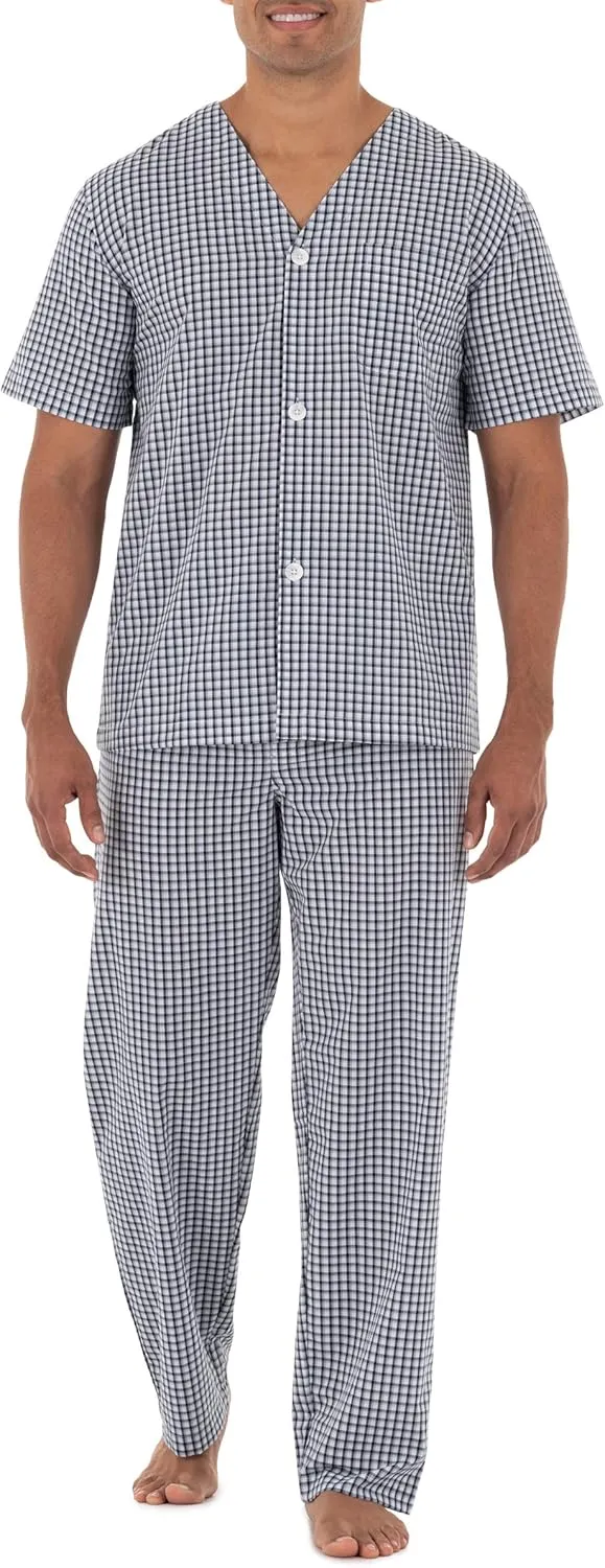 Fruit of the Loom mens Broadcloth Short Sleeve Top and Long Pants Pajama Set