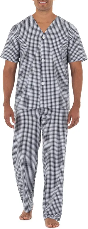 Fruit of the Loom mens Broadcloth Short Sleeve Top and Long Pants Pajama Set