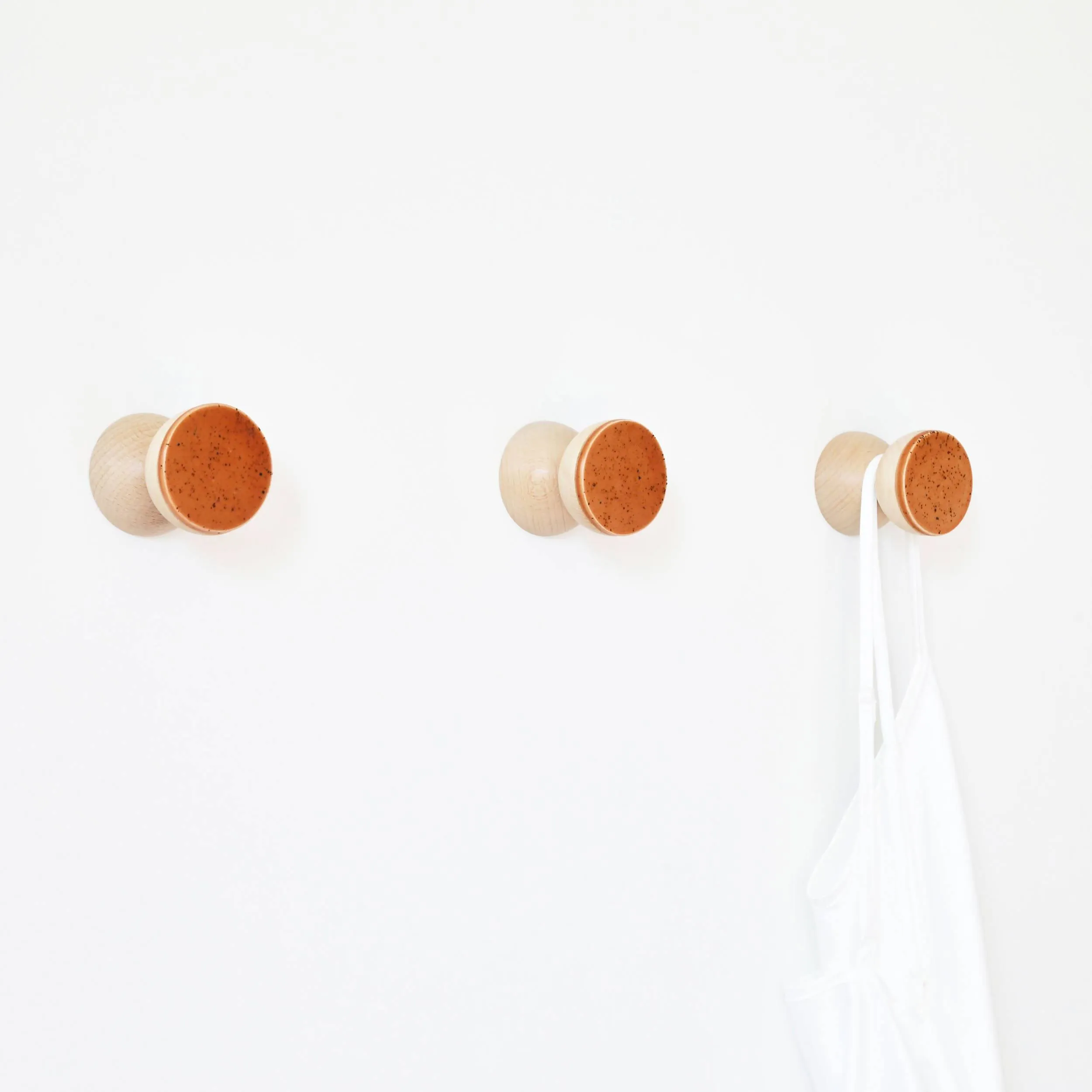 Geometric Beech Wood & Ceramic Wall Mounted Coat Hook / Knob - Terracotta Specks