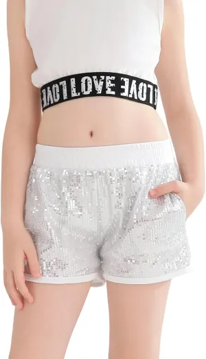 Girls Sequin Shorts High Waist Sparkly Rave Loose A Line Hot Pants