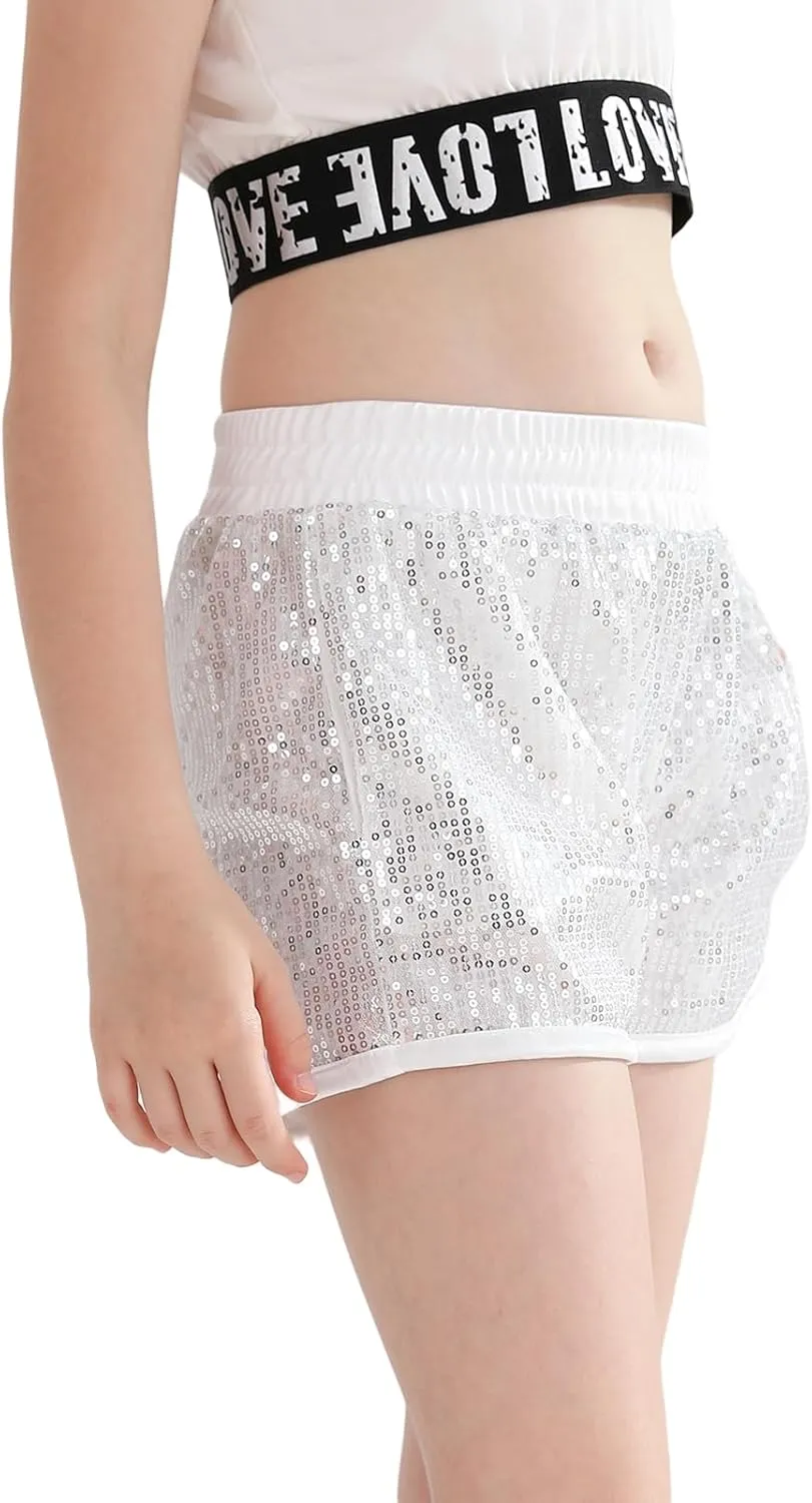 Girls Sequin Shorts High Waist Sparkly Rave Loose A Line Hot Pants