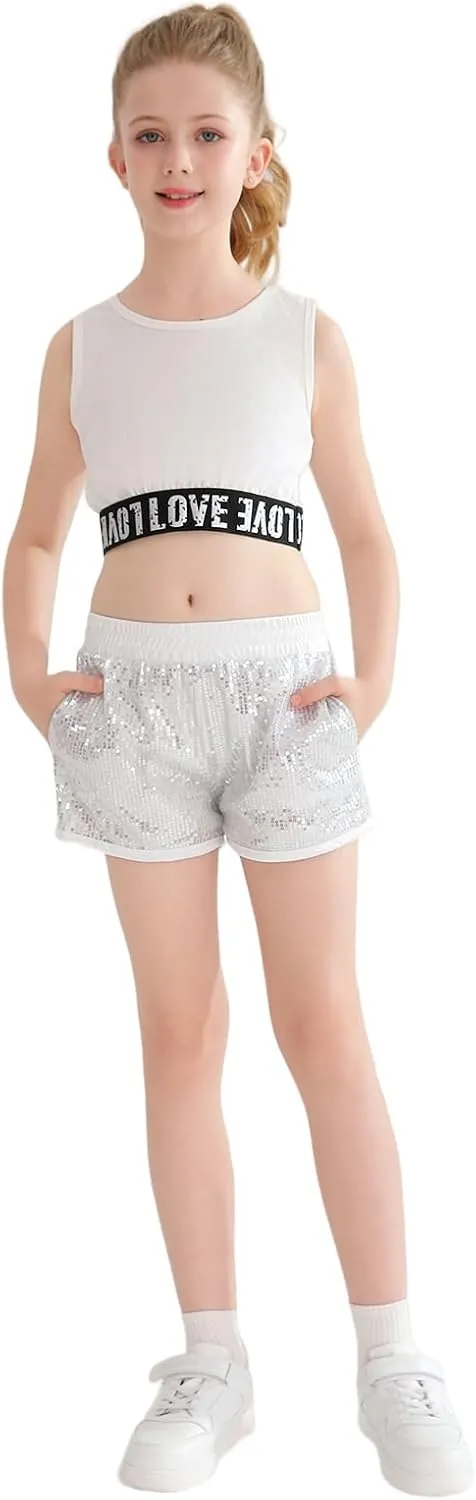 Girls Sequin Shorts High Waist Sparkly Rave Loose A Line Hot Pants