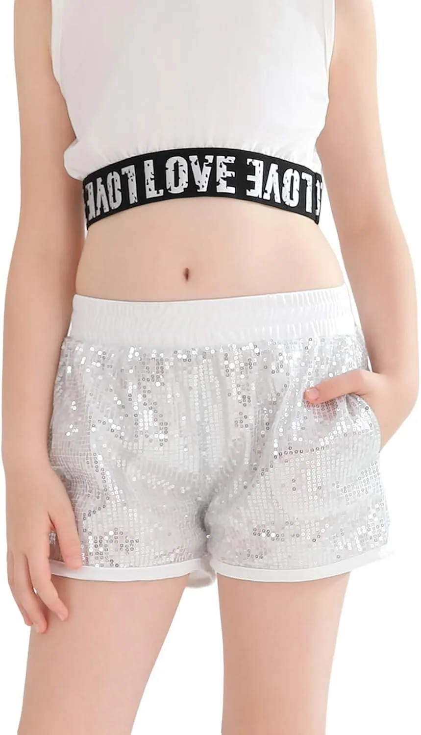Girls Sequin Shorts High Waist Sparkly Rave Loose A Line Hot Pants