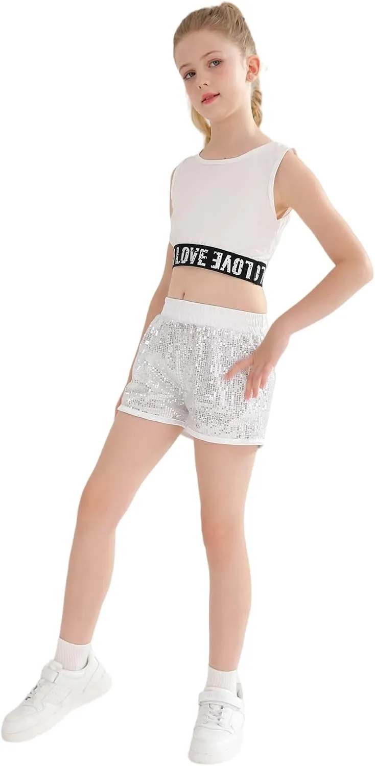 Girls Sequin Shorts High Waist Sparkly Rave Loose A Line Hot Pants