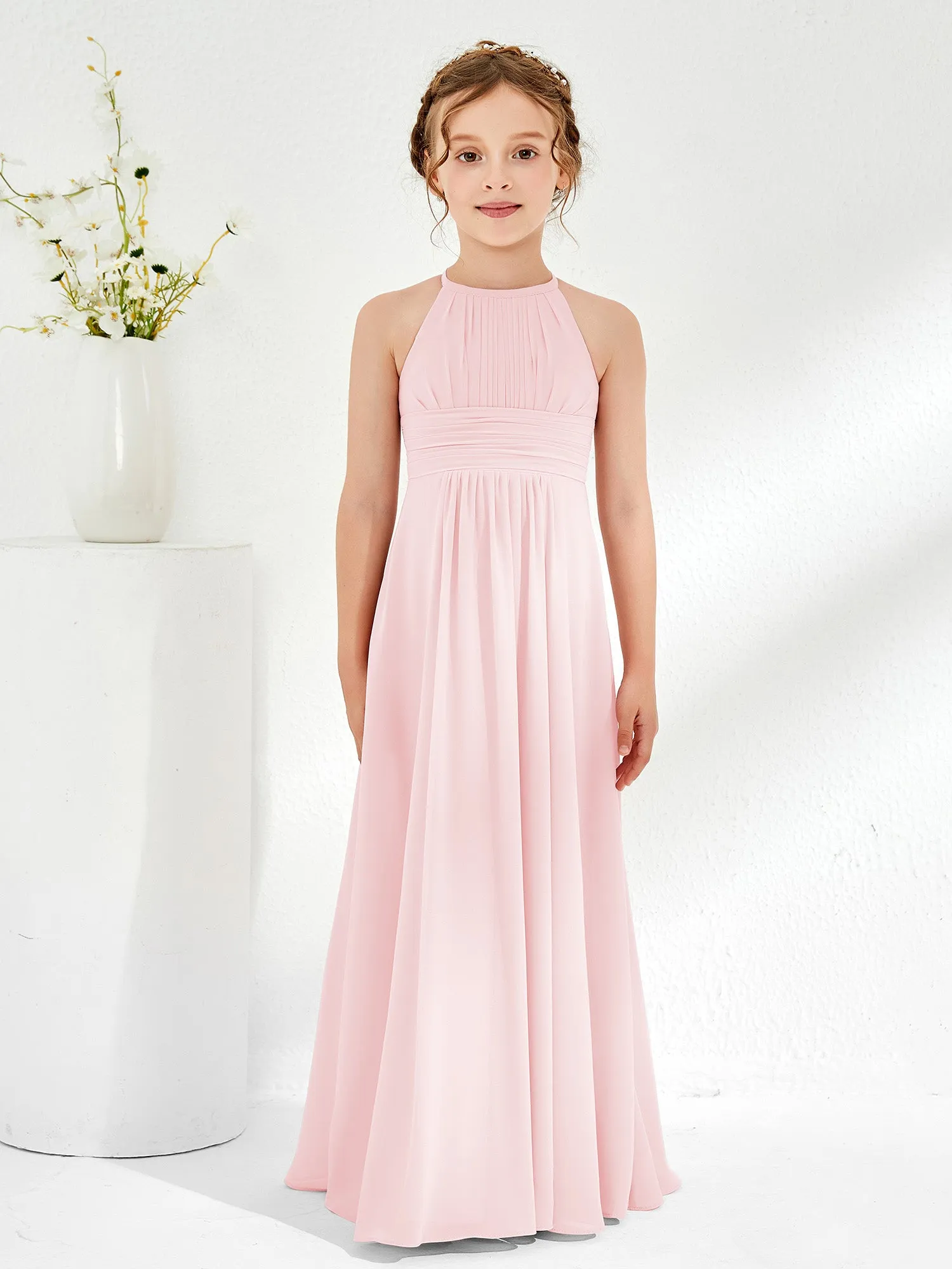 Halter Chiffon Junior Bridesmaid Dresses Blushing Pink