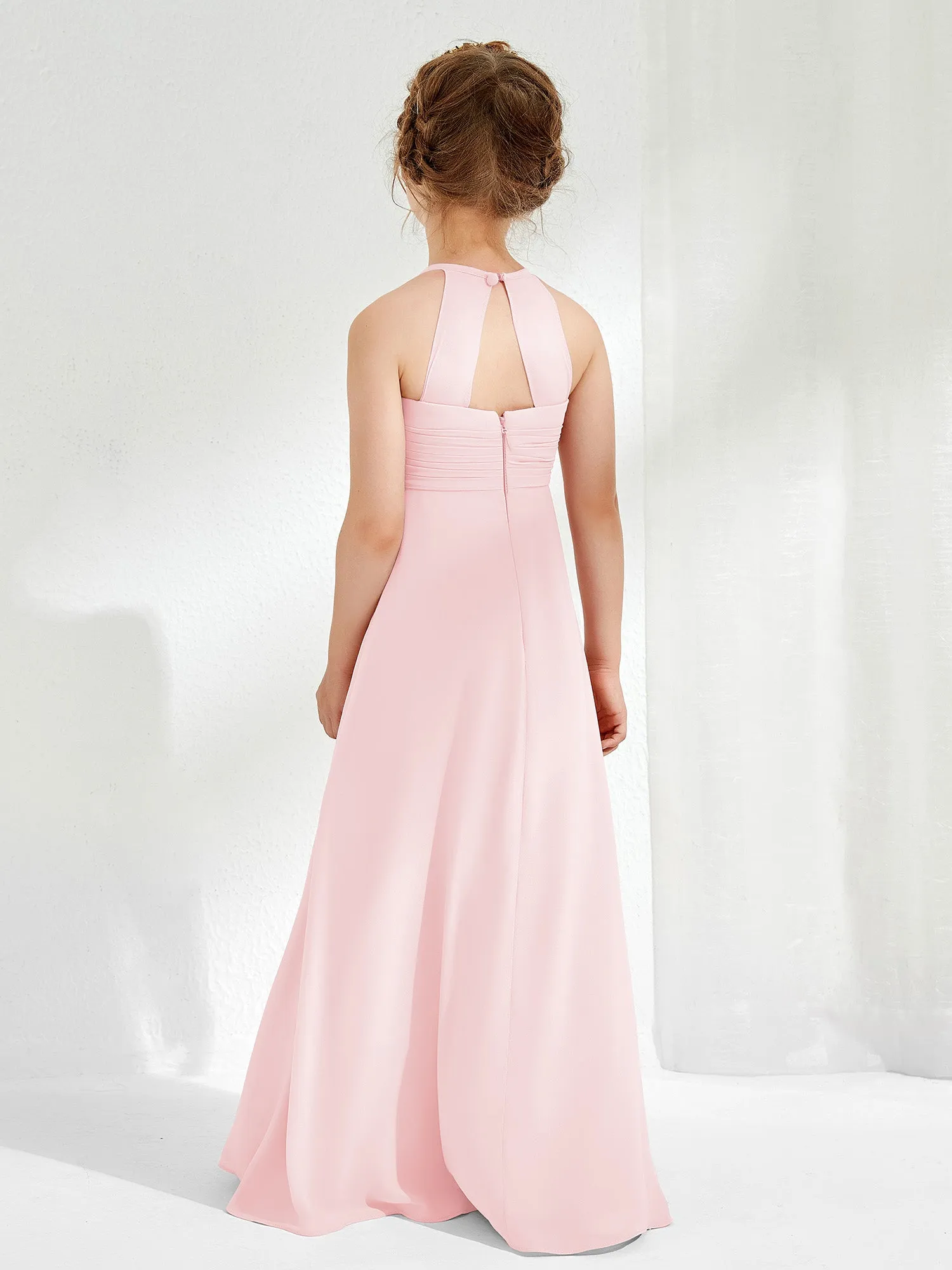 Halter Chiffon Junior Bridesmaid Dresses Blushing Pink