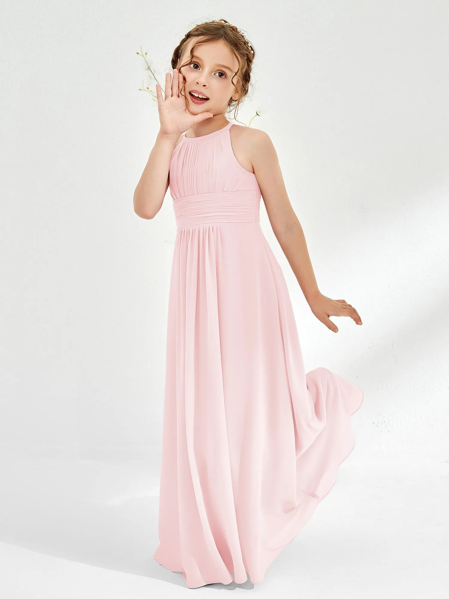 Halter Chiffon Junior Bridesmaid Dresses Blushing Pink