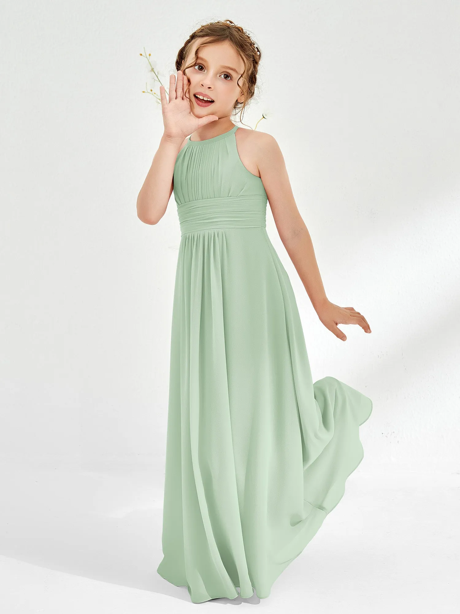 Halter Chiffon Junior Bridesmaid Dresses Dusty Sage