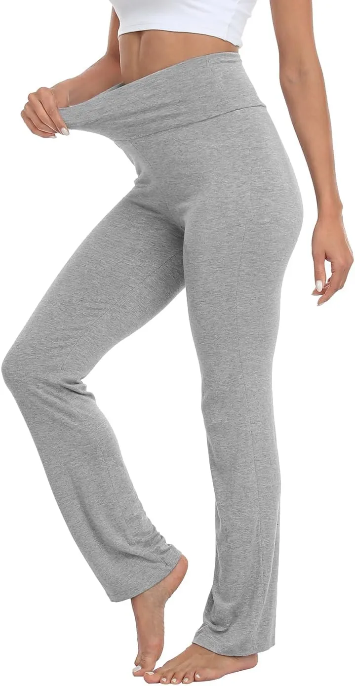 HDE Women's Color Block Fold Over Waist Yoga Pants Flare Leg Workout Leggings