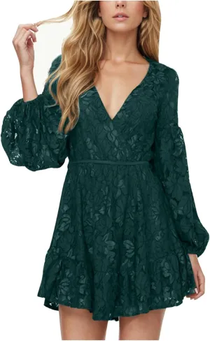 HGps8w Women's Floral Lace Homecomming Dress Deep V-Neck Lantern Sleeve Empire Waist Tie Ruffle Mini Swing Skater Dresses