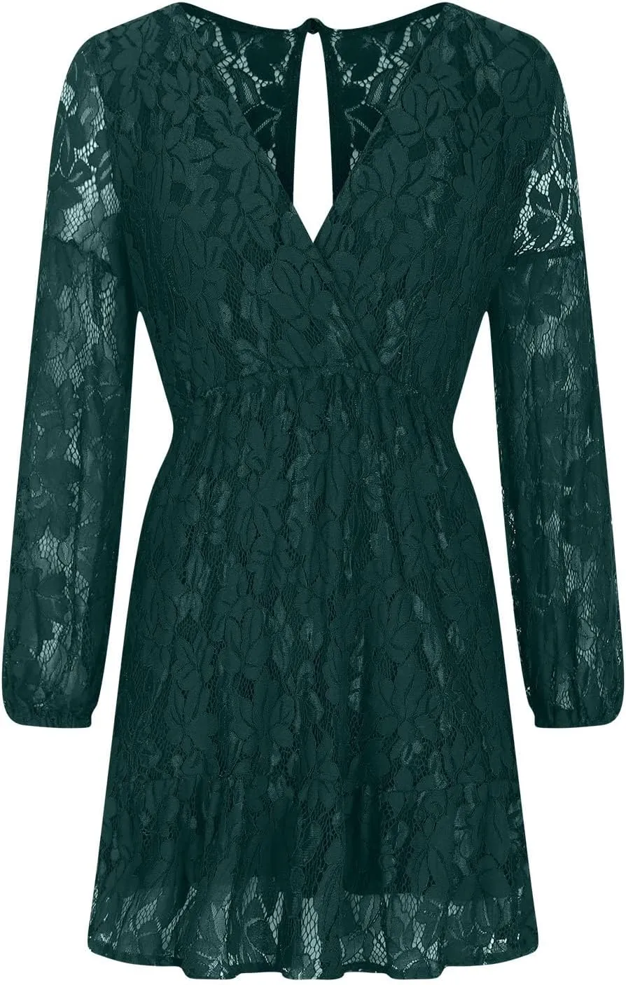 HGps8w Women's Floral Lace Homecomming Dress Deep V-Neck Lantern Sleeve Empire Waist Tie Ruffle Mini Swing Skater Dresses