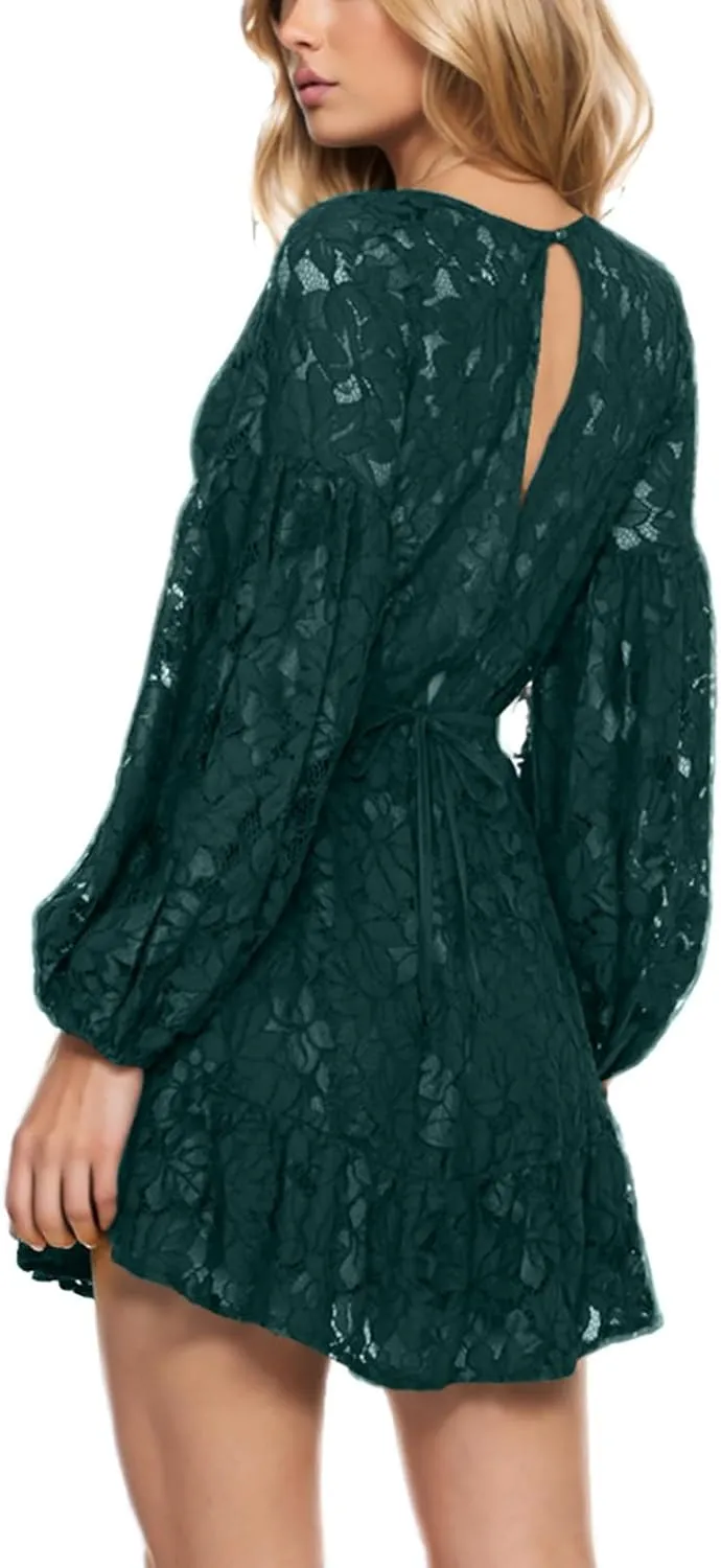 HGps8w Women's Floral Lace Homecomming Dress Deep V-Neck Lantern Sleeve Empire Waist Tie Ruffle Mini Swing Skater Dresses