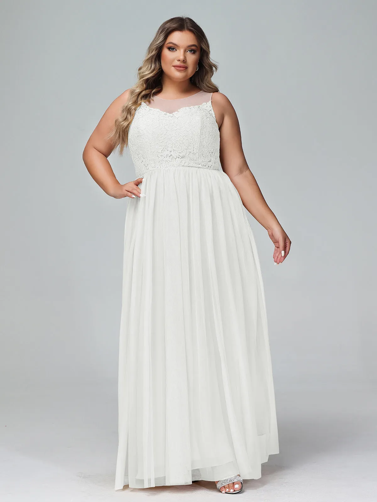 Illusion Neckline Lace and Tulle Maxi Dress-Ivory Plus Size