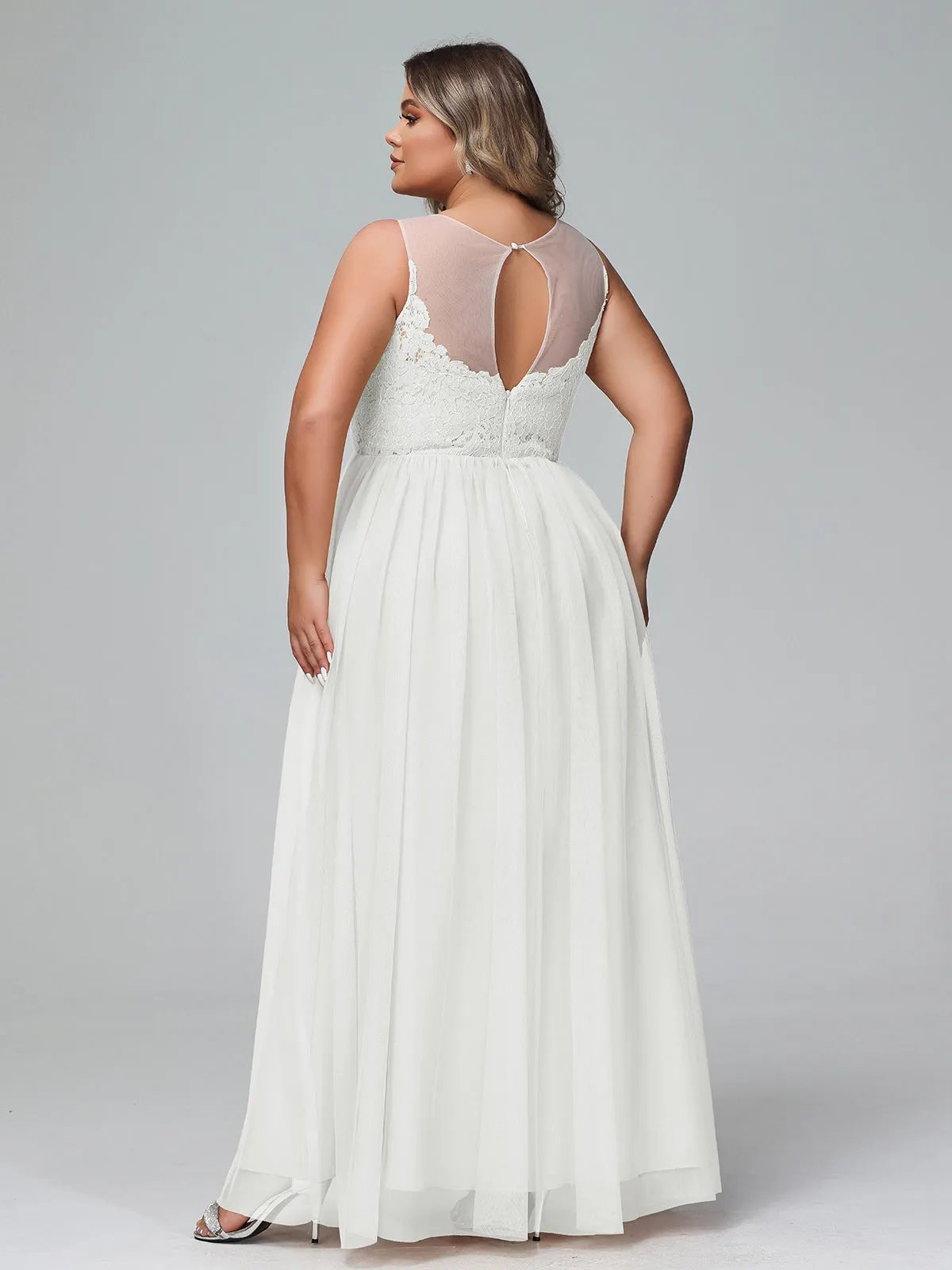 Illusion Neckline Lace and Tulle Maxi Dress-Ivory Plus Size