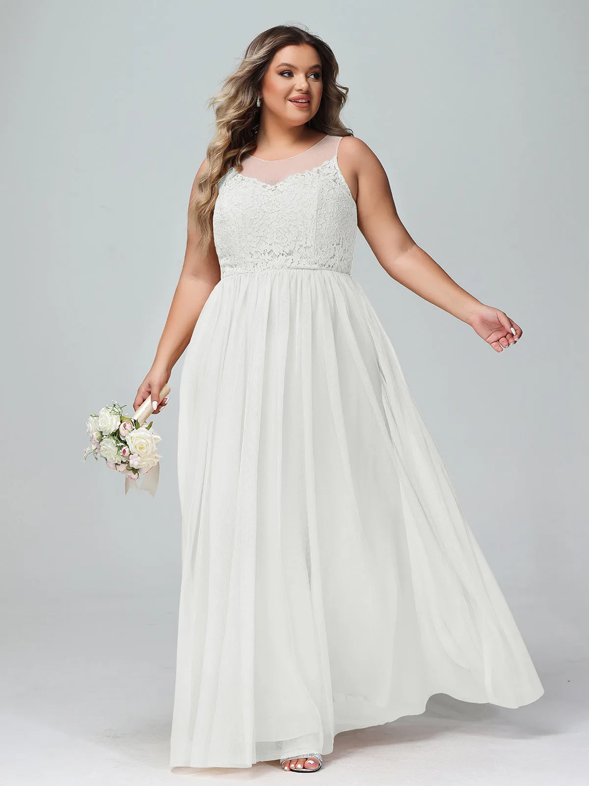 Illusion Neckline Lace and Tulle Maxi Dress-Ivory Plus Size