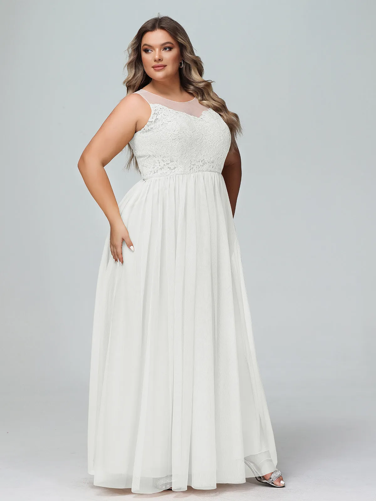 Illusion Neckline Lace and Tulle Maxi Dress-Ivory Plus Size