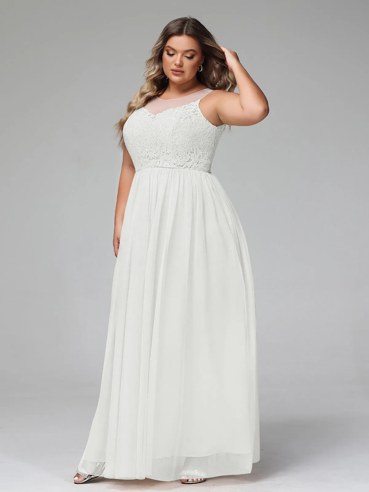 Illusion Neckline Lace and Tulle Maxi Dress-Ivory Plus Size
