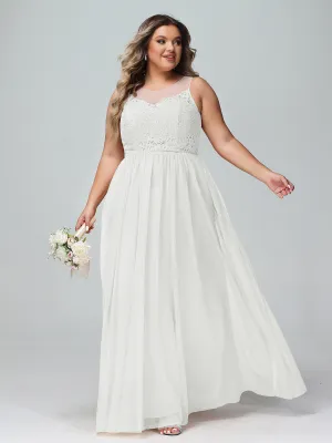 Illusion Neckline Lace and Tulle Maxi Dress-Ivory Plus Size