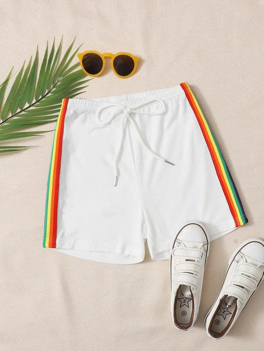 Knot Waist Rainbow Striped Tape Side Shorts