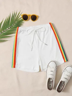 Knot Waist Rainbow Striped Tape Side Shorts