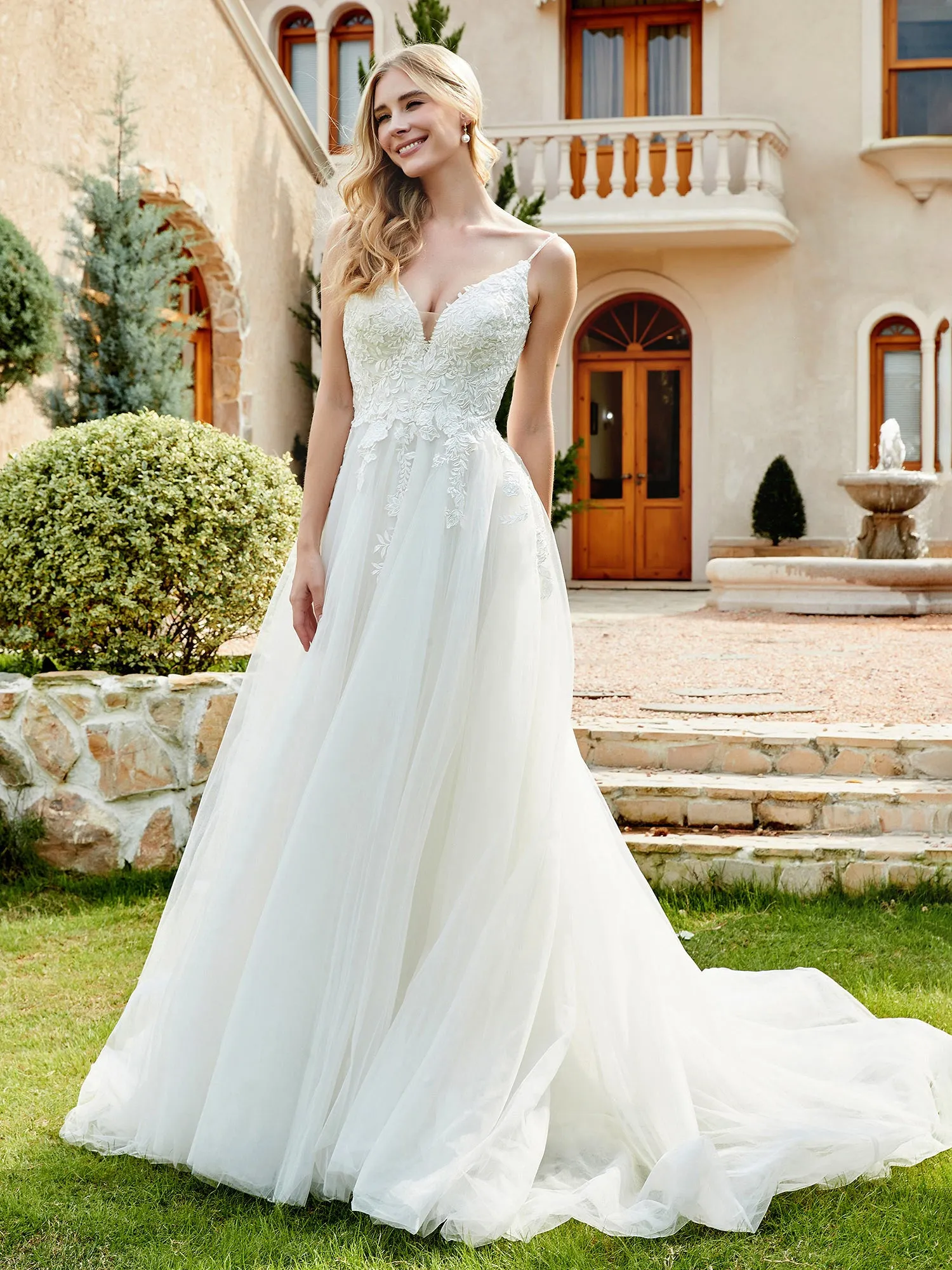 Lace And Tulle Ruched Chapel Train Wedding Dress Champagne