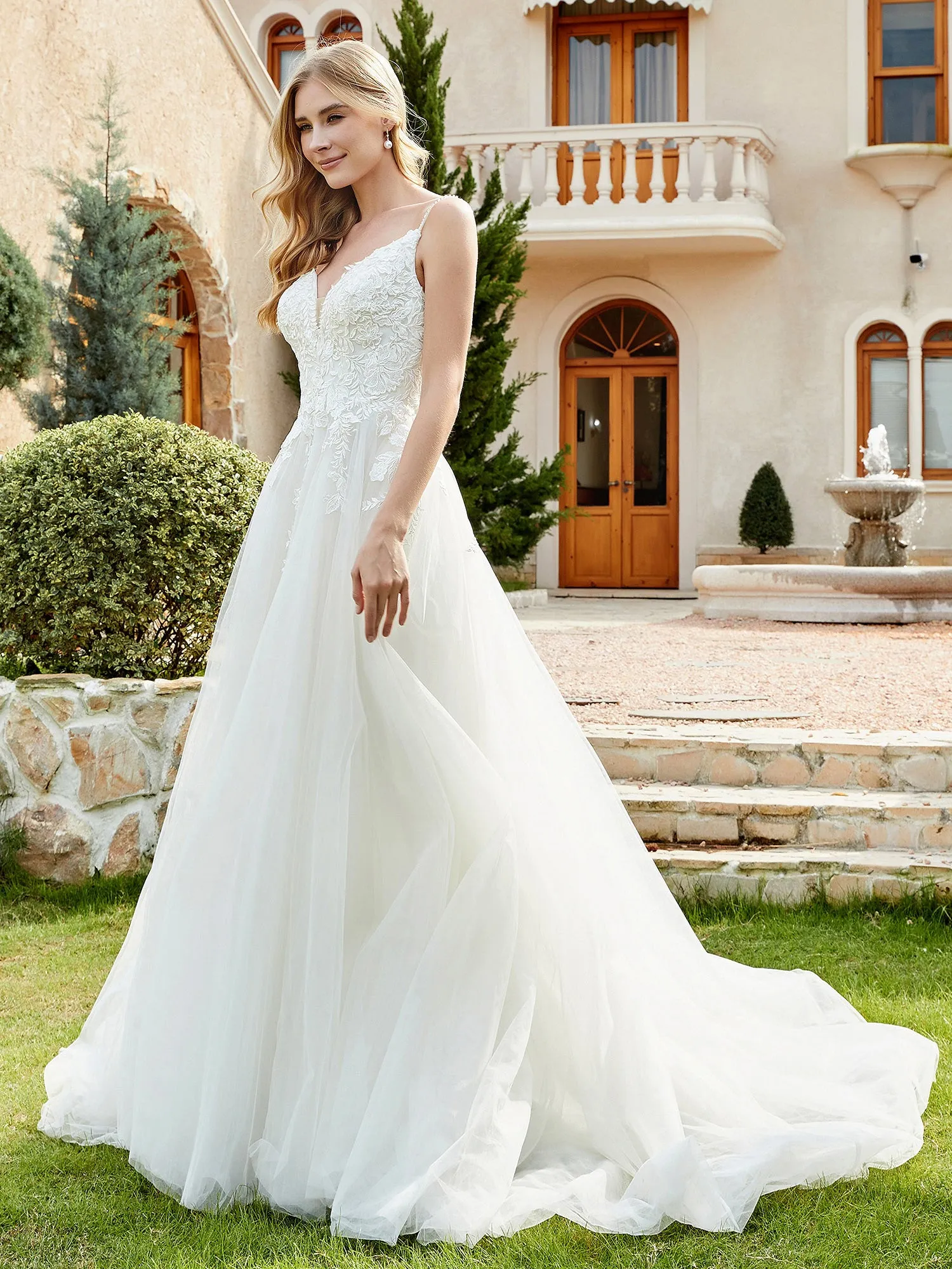 Lace And Tulle Ruched Chapel Train Wedding Dress Champagne