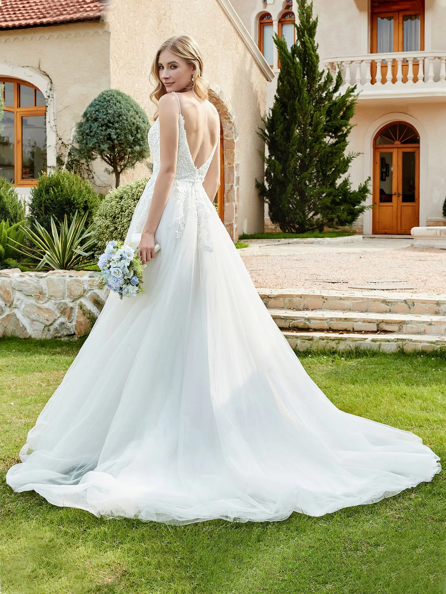 Lace And Tulle Ruched Chapel Train Wedding Dress Champagne