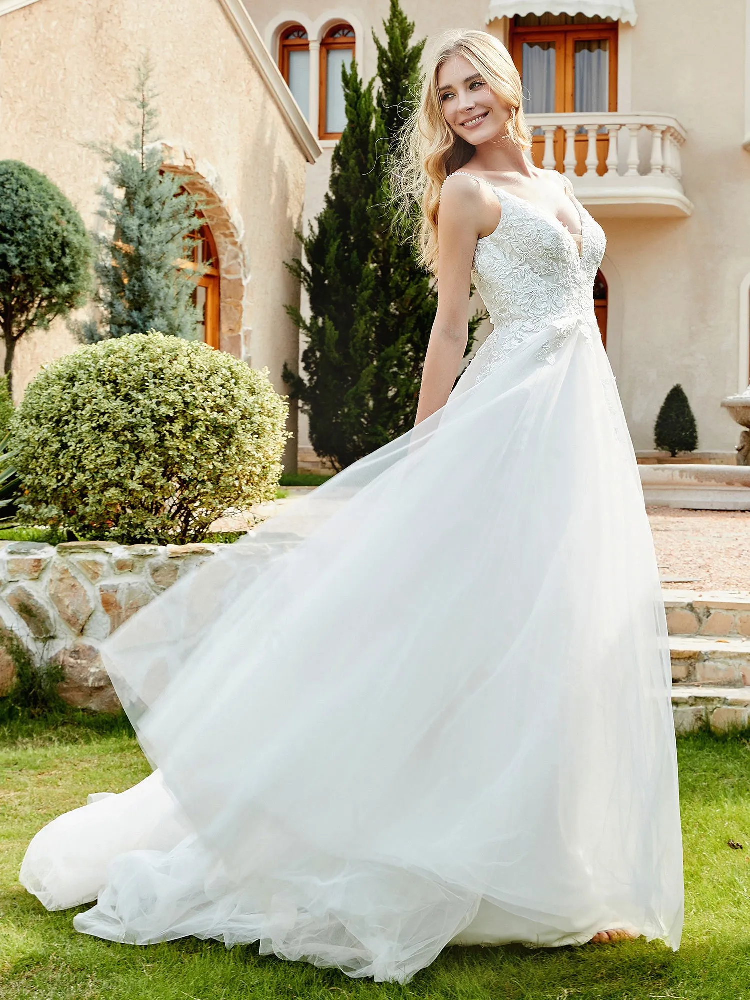 Lace And Tulle Ruched Chapel Train Wedding Dress Champagne
