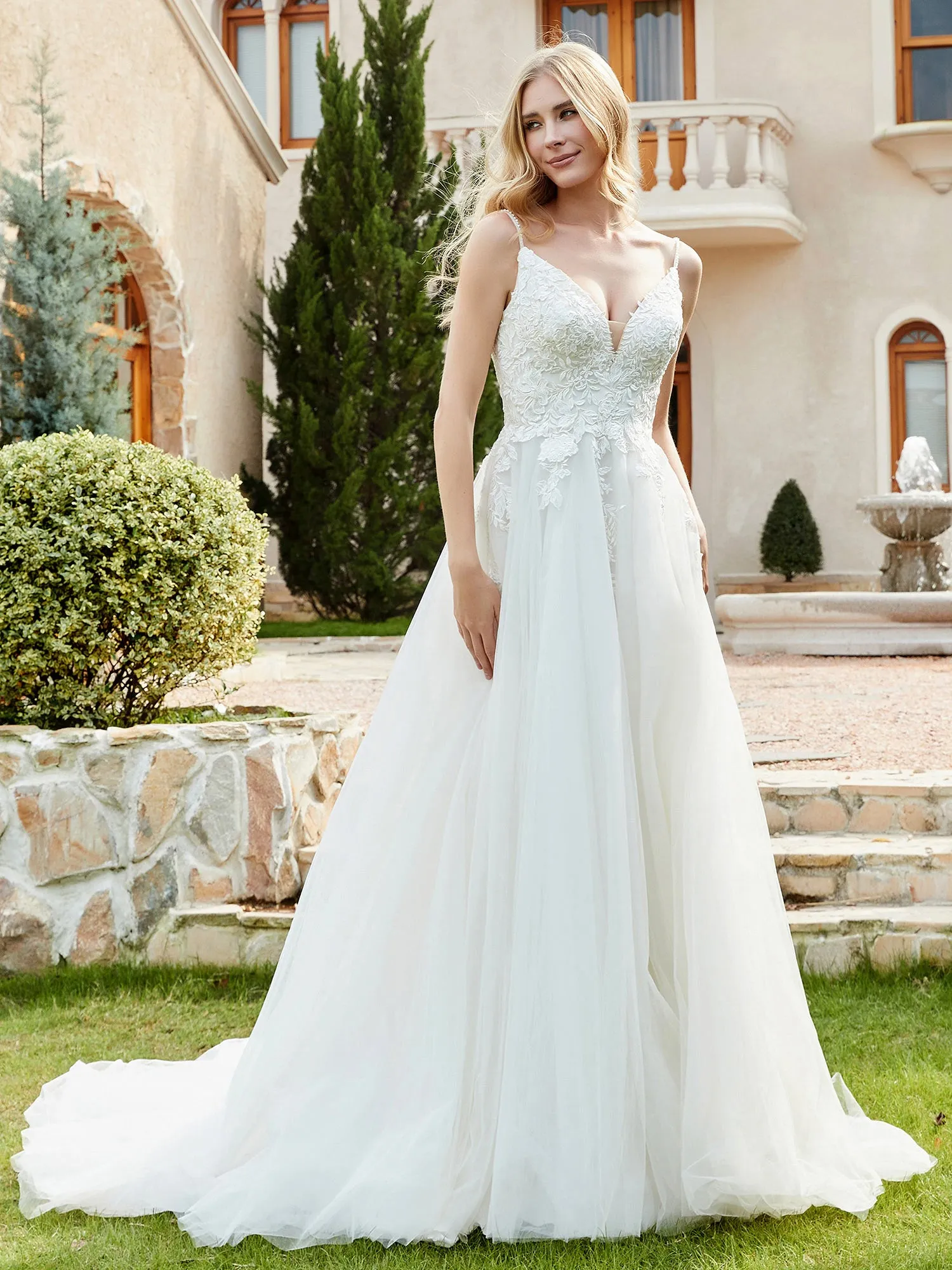 Lace And Tulle Ruched Chapel Train Wedding Dress Champagne