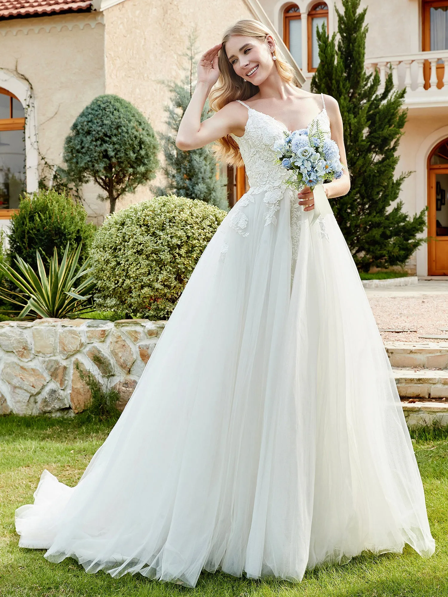 Lace And Tulle Ruched Chapel Train Wedding Dress Champagne