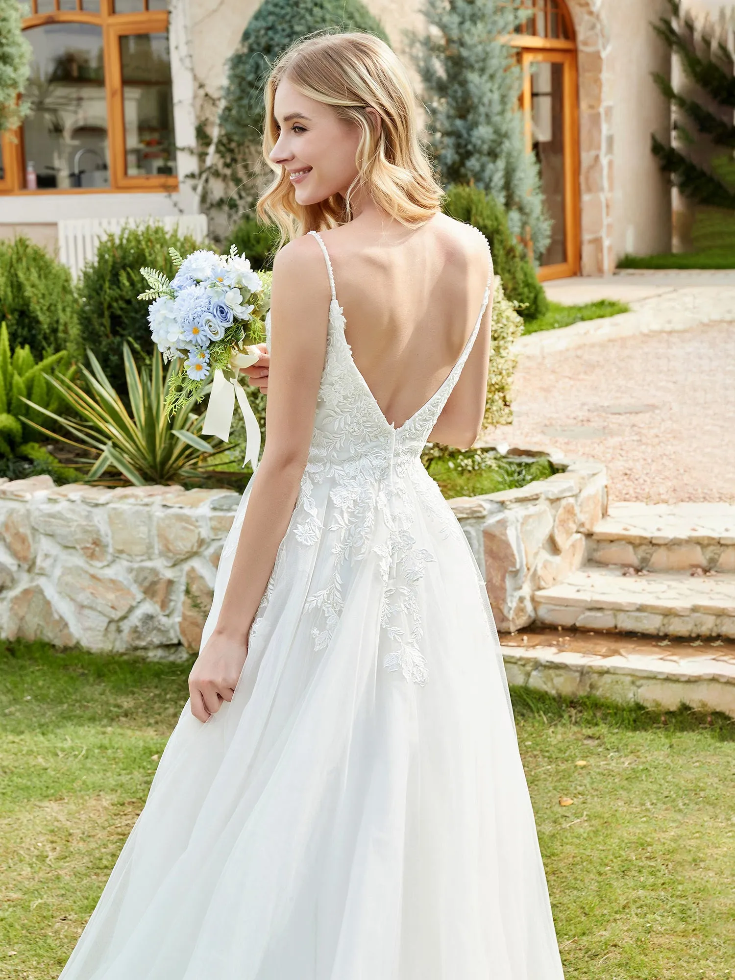 Lace And Tulle Ruched Chapel Train Wedding Dress Champagne