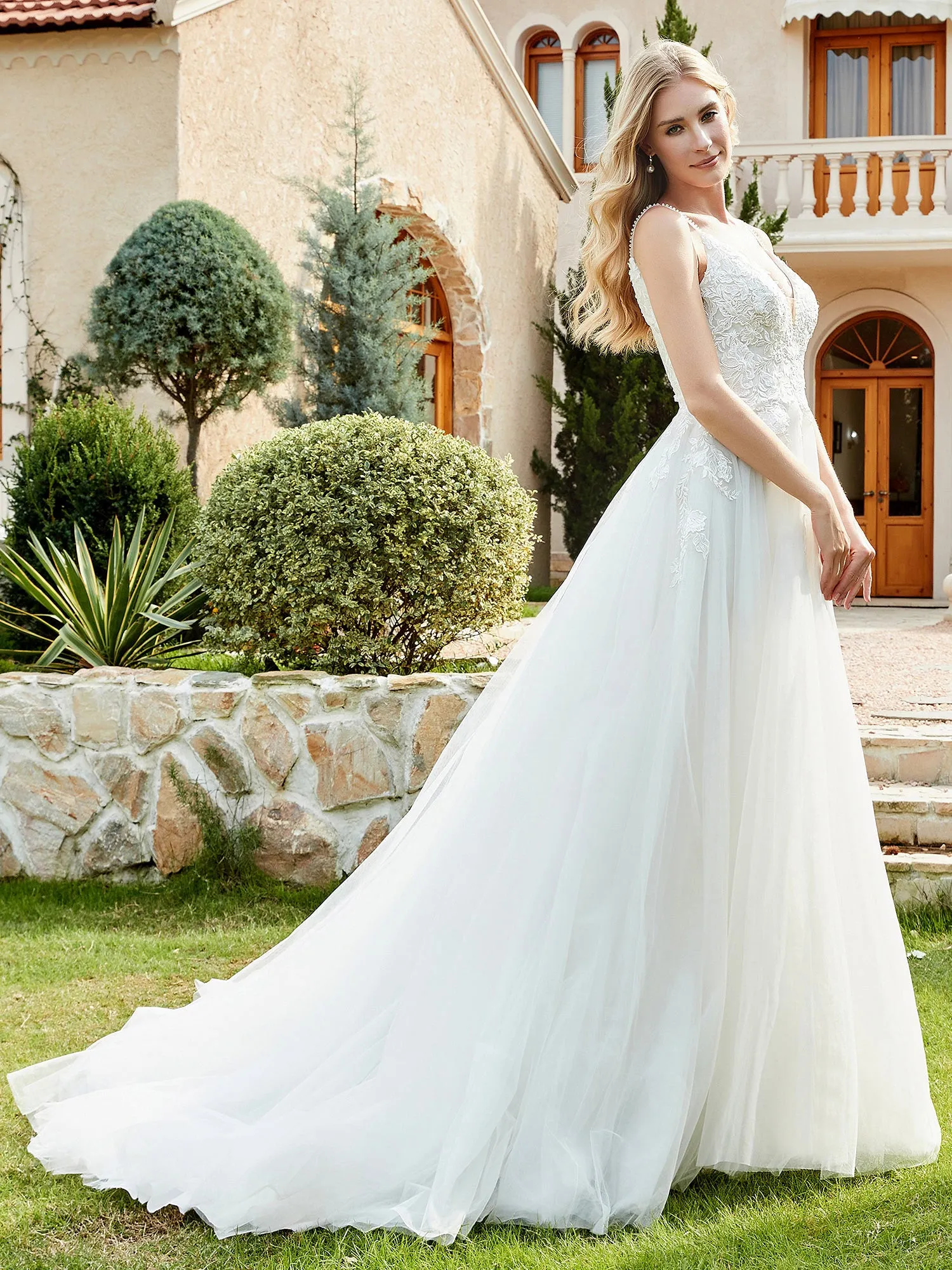 Lace And Tulle Ruched Chapel Train Wedding Dress Champagne