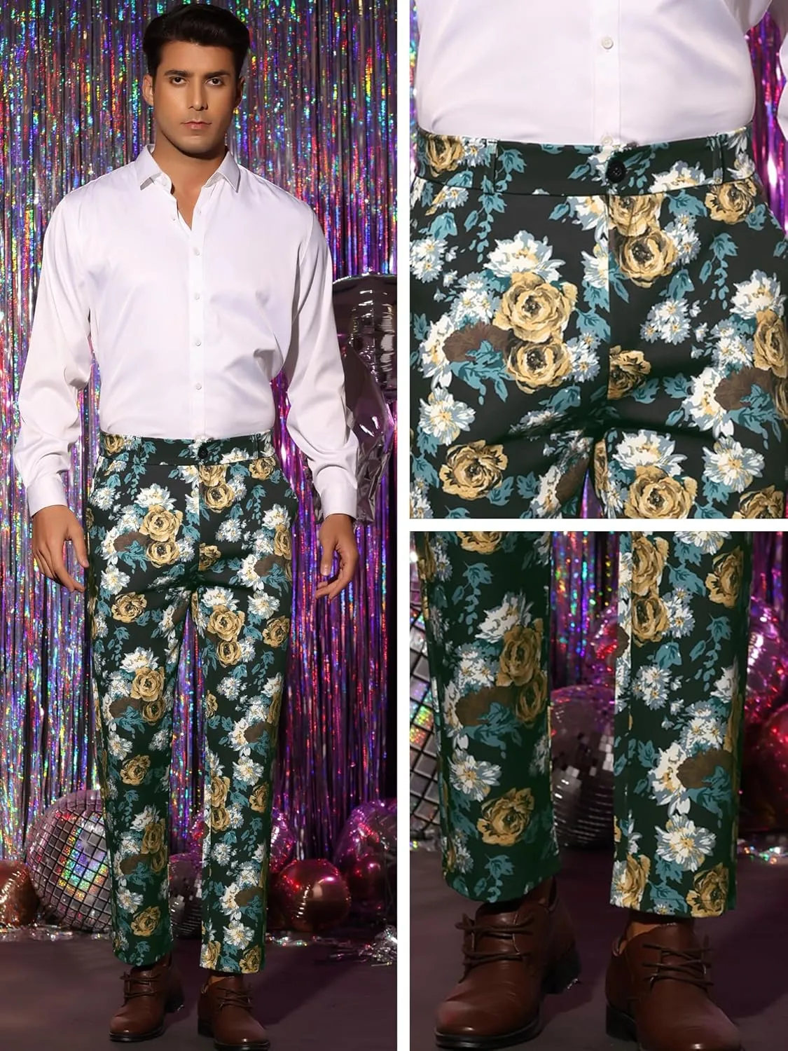 Lars Amadeus Floral Dress Pants for Men's Flat Front Party Prom Flower Printed Slacks