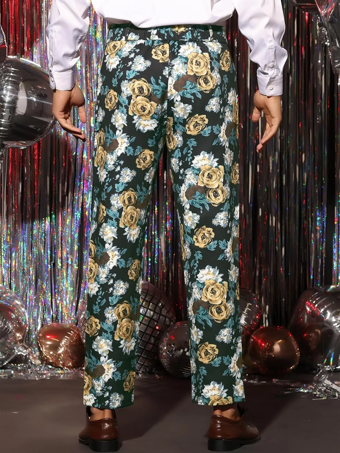 Lars Amadeus Floral Dress Pants for Men's Flat Front Party Prom Flower Printed Slacks