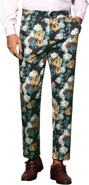 Lars Amadeus Floral Dress Pants for Men's Flat Front Party Prom Flower Printed Slacks