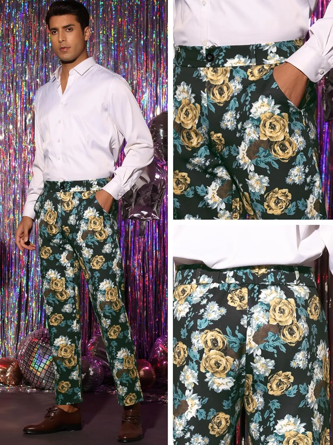 Lars Amadeus Floral Dress Pants for Men's Flat Front Party Prom Flower Printed Slacks