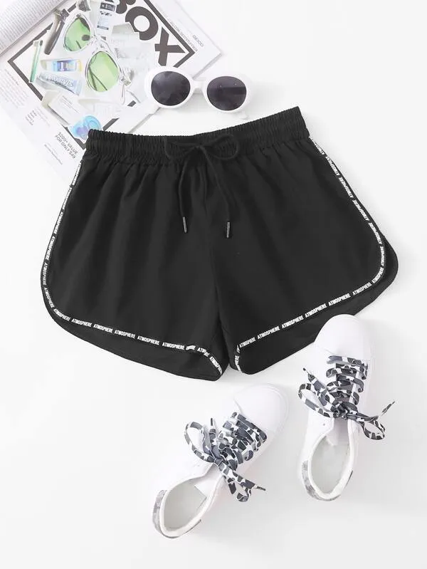 Letter Tape Drawstring Waist Dolphin Shorts