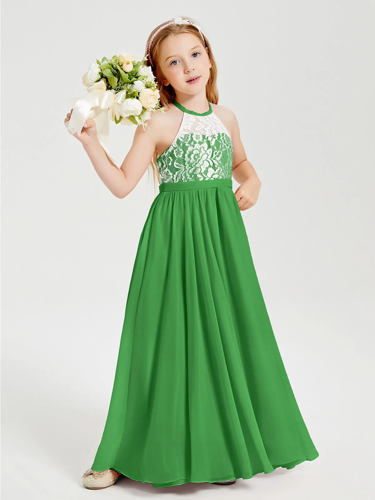 Long Chiffon Bridesmaid Dresses Lace Top Green