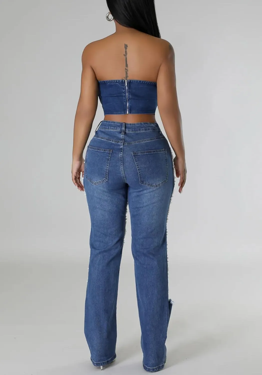 Lucuna Women's Rhinestone Ripped Jeans High Waist Boyfriend Cutout Straight Leg Pearl Distressed Denim Pants