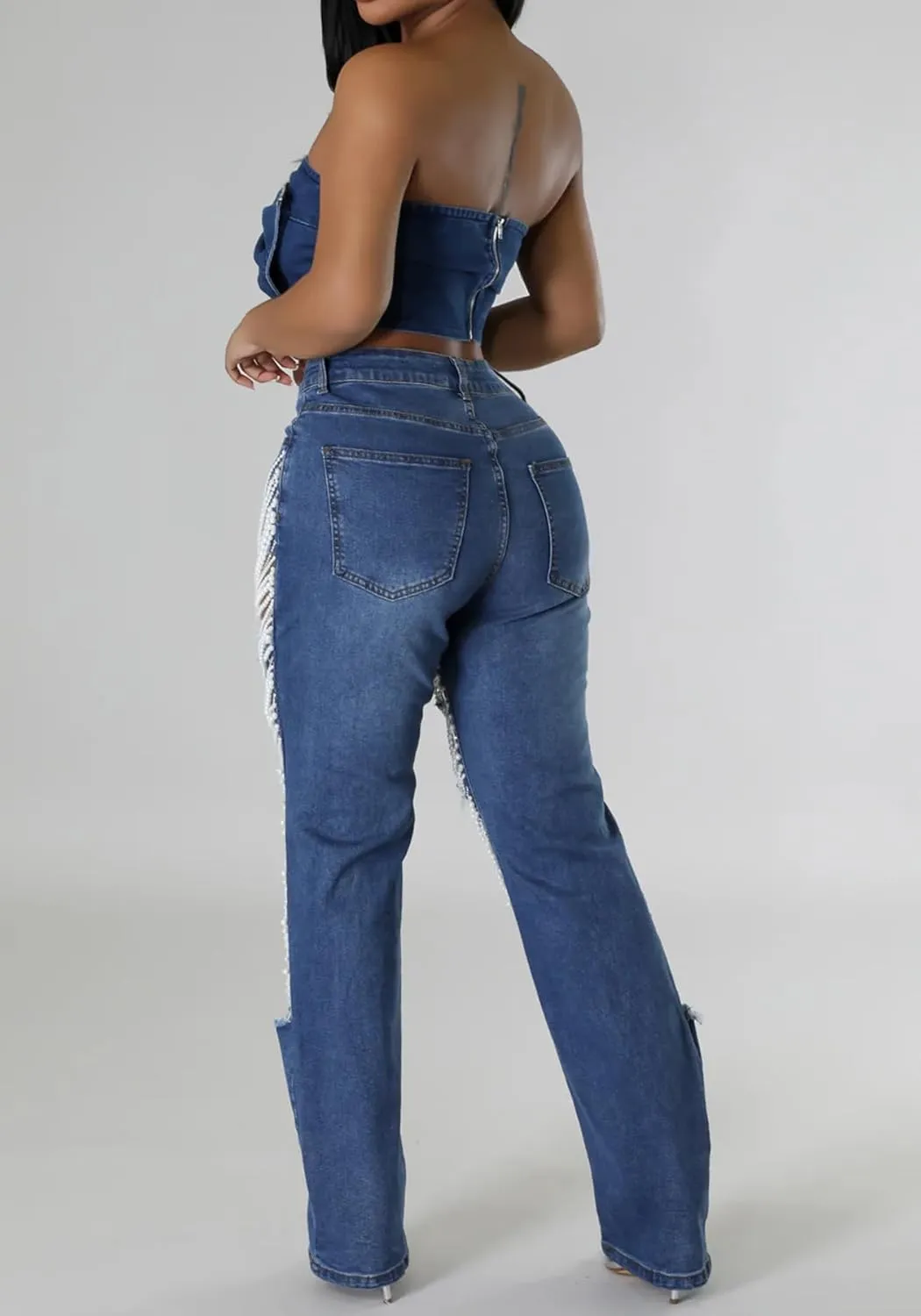 Lucuna Women's Rhinestone Ripped Jeans High Waist Boyfriend Cutout Straight Leg Pearl Distressed Denim Pants