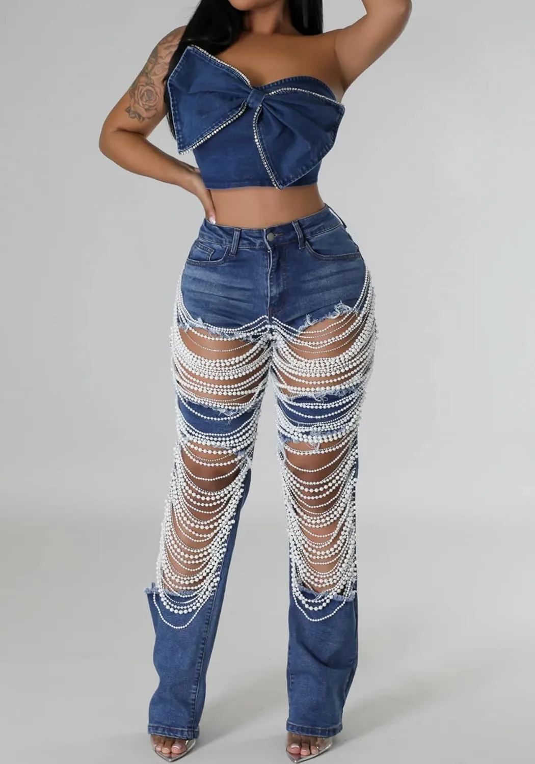 Lucuna Women's Rhinestone Ripped Jeans High Waist Boyfriend Cutout Straight Leg Pearl Distressed Denim Pants
