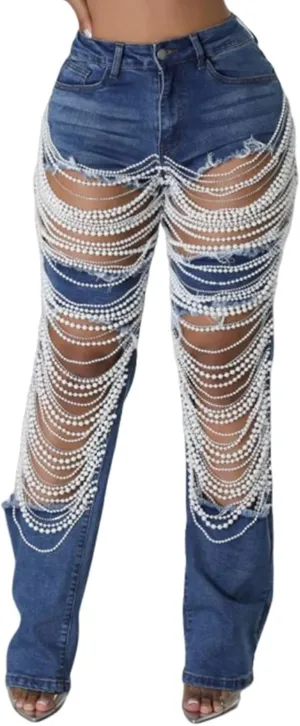 Lucuna Women's Rhinestone Ripped Jeans High Waist Boyfriend Cutout Straight Leg Pearl Distressed Denim Pants