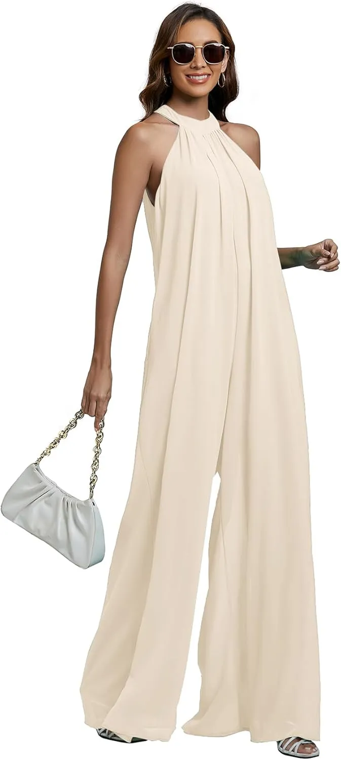 LYANER Women's Halter Neck Sleeveless Chiffon Wide Leg Long Pants Jumpsuit Romper