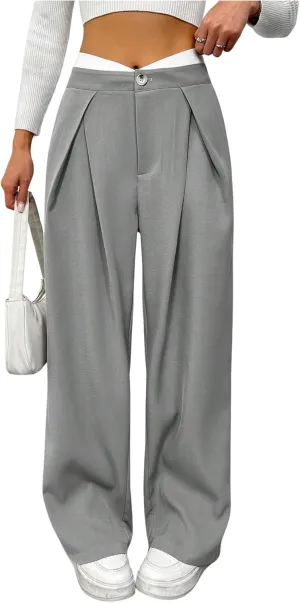 MakeMeChic Women's Asymmetrical High Waist Zipper Fly Button Front Pleated Wide Leg Pants