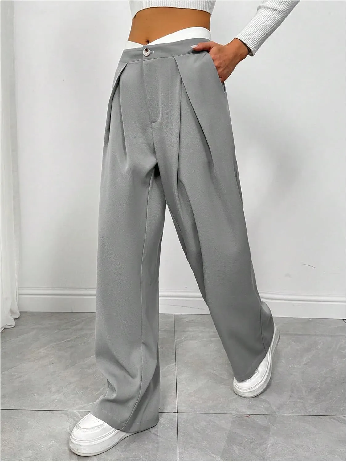 MakeMeChic Women's Asymmetrical High Waist Zipper Fly Button Front Pleated Wide Leg Pants