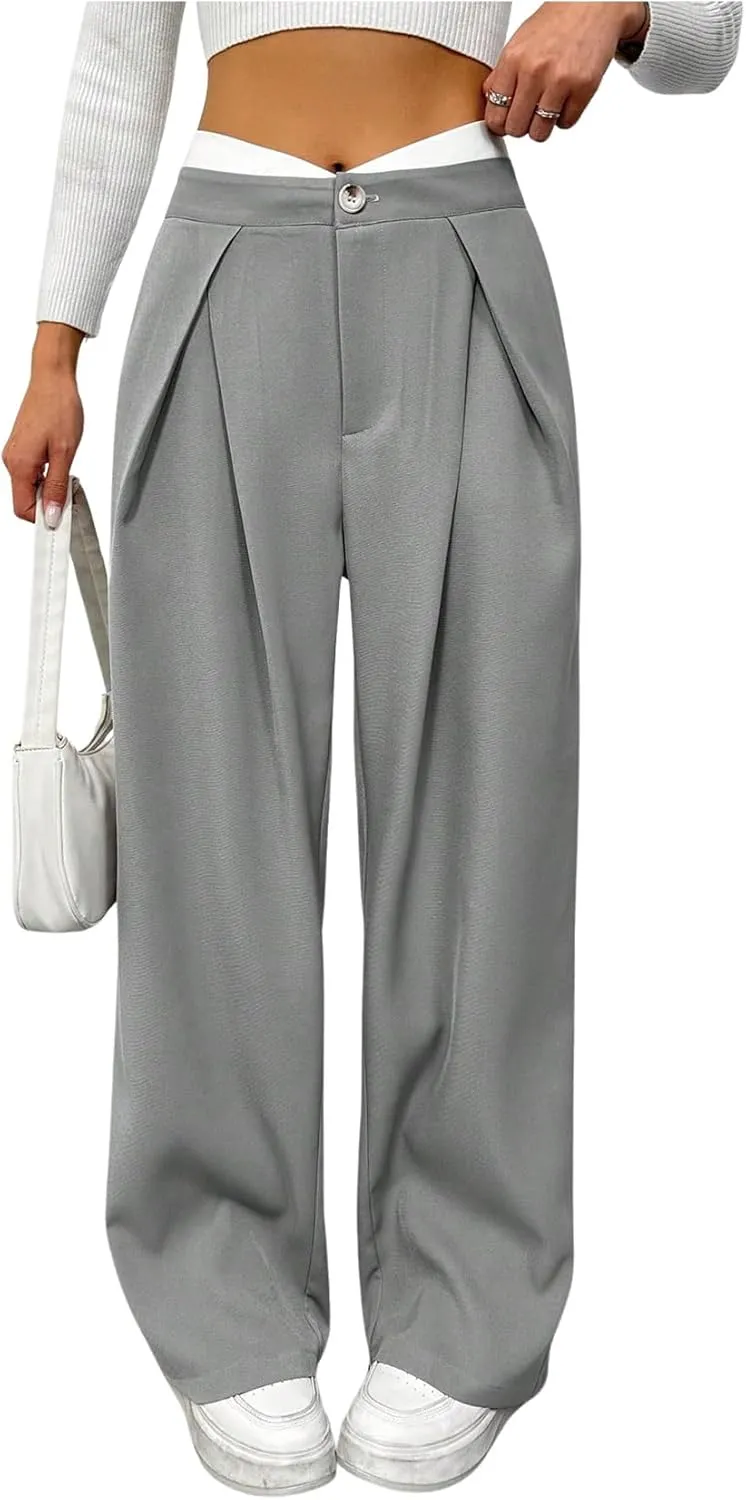 MakeMeChic Women's Asymmetrical High Waist Zipper Fly Button Front Pleated Wide Leg Pants