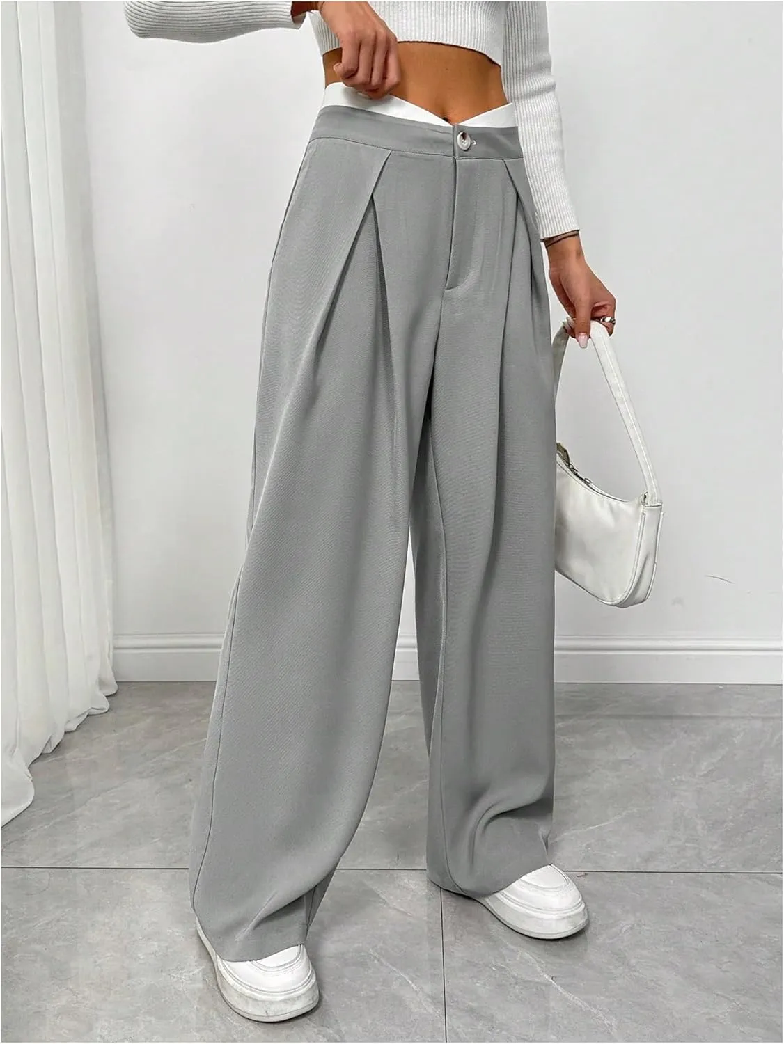 MakeMeChic Women's Asymmetrical High Waist Zipper Fly Button Front Pleated Wide Leg Pants